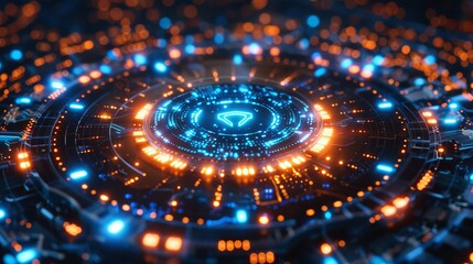 Illuminated blue digital lock set on a circuit board for advanced security technology