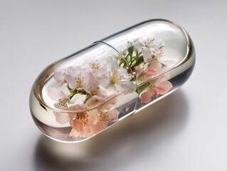 A large transparent capsule-tablet, completely filled with densely packed flowers of white and soft peach color: peonies, ranunculus and others on a white background.