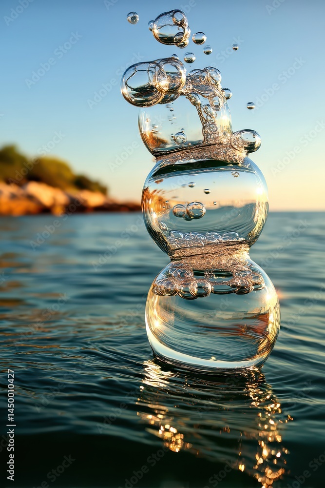 Poster ethereal double exposure of calm ocean waters with floating bubbles and foamy reflections under a cl