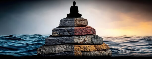 Obraz premium Serene Meditation at Ocean’s Edge Amidst Calm Waters and Gentle Waves in a Double Exposure Style