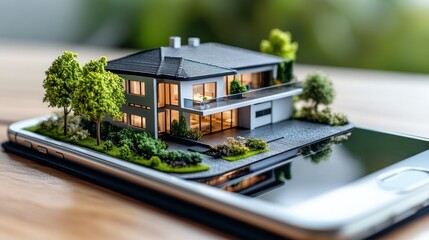 Modern House Model on Smartphone: Real Estate Technology and Dream Home Concept
