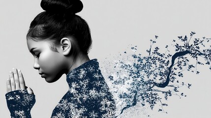 Serene Ocean Calm: A Double Exposure of Gentle Waves and Tranquil Imagery with Cascading Nature and Harmony in a Peaceful Moment