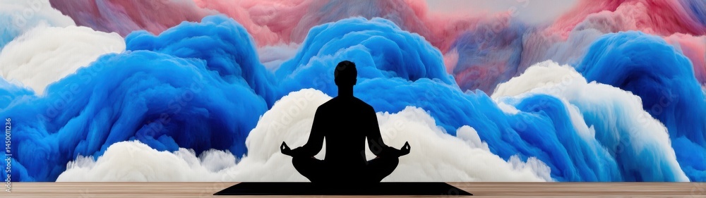Poster serene meditation by the ocean: a double exposure of calm waves and a tranquil figure in deep reflec