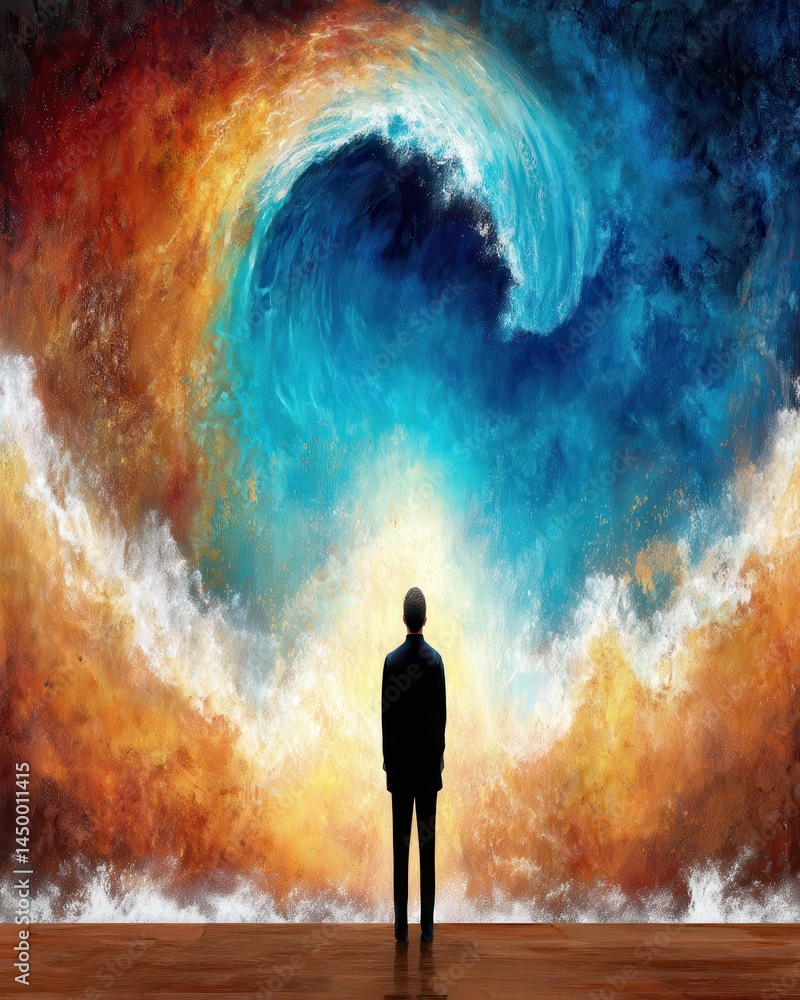 Poster artistic representation of a serene ocean wave in vibrant colors with a silhouette standing against 