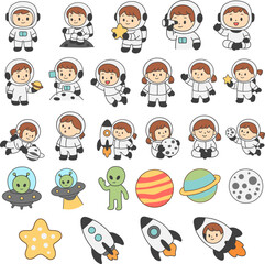 Cute astronaut characters and space themed elements create playful cosmic adventure