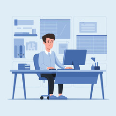 Businessman working with laptop while facing the monitor screen illustration on office background