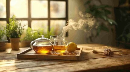 Kitchen scene with steaming herbal tea, fresh lemon, and honey on wooden tray