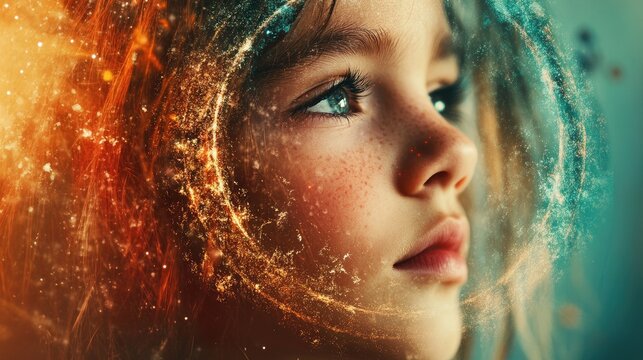 Celestial prophet child close-up with planetary rings orbiting their head, cosmic elegance.