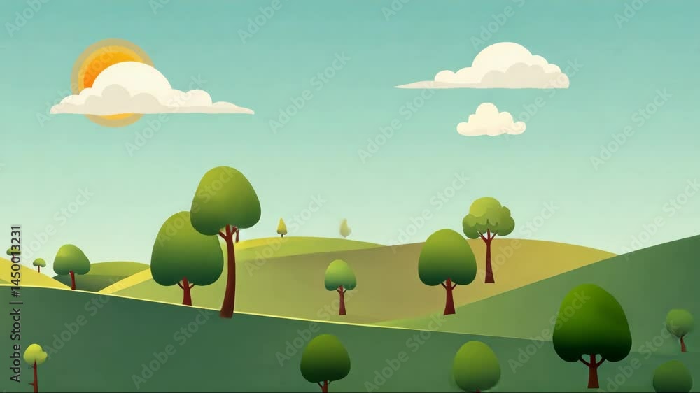Poster the image is a cartoonish drawing of a lush green field with trees and a bright sun in the sky. scen