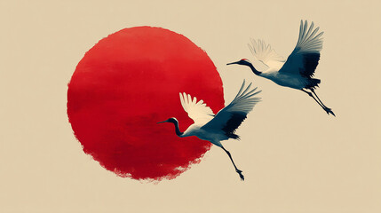 Graceful Cranes Flying Past a Red Sun Ink Painting Style