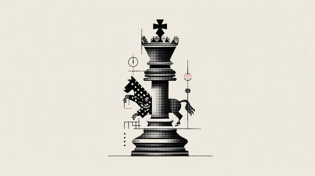 Halftone Chess King With Horse and Crown Motif