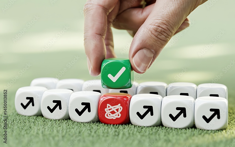Poster choosing success with a green tick replacing failure dice on green background representing strategic