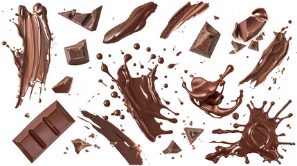 A Trio of Decadent Chocolate Explosions: Rich, Brown Liquid Frozen in Time as it Splashes and Shatters Against a Neutral Backdrop, Evoking Sweetness and Indulgence.