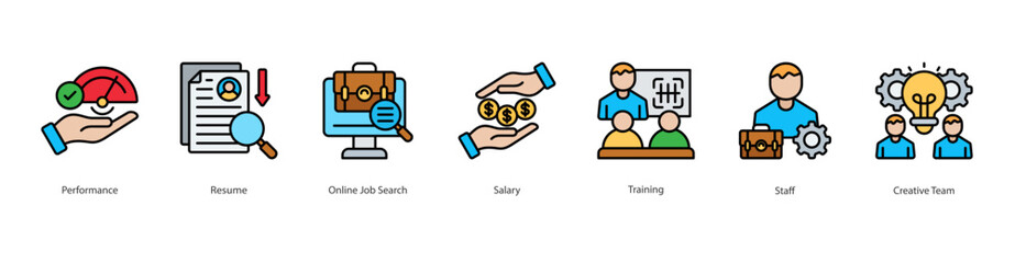 Employee Recruitment icon sheet vector performance, resume, online job search, salary, training, staff, creative team