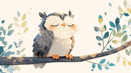 Obraz premium A serene, stylized owl perches peacefully on a branch amongst gentle foliage