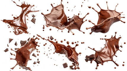 A Trio of Decadent Chocolate Explosions: Rich, Brown Liquid Frozen in Time as it Splashes and Shatters Against a Neutral Backdrop, Evoking Sweetness and Indulgence.