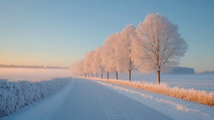 Obraz premium Serene Winter Scene with Frosty Trees Lining a Calm Road Under Clear Blue Sky at Dawn