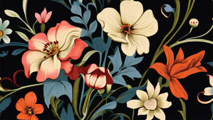 Retro floral wallpaper. A seamless pattern background with flowers and leaves. Floral background. 