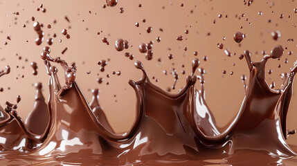A Trio of Decadent Chocolate Explosions: Rich, Brown Liquid Frozen in Time as it Splashes and Shatters Against a Neutral Backdrop, Evoking Sweetness and Indulgence.