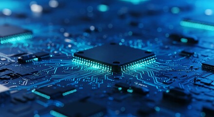 Close-up of a detailed motherboard featuring circuits and processor with bright blue light trails, evoking a sense of technology and innovation.
