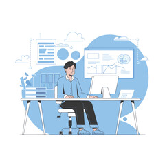 Businessman working with laptop while facing the monitor screen on office background