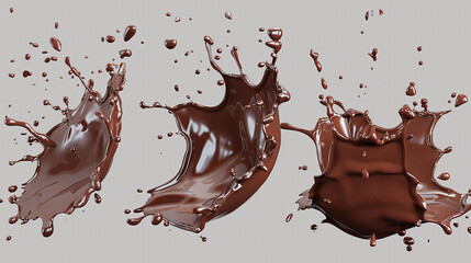 A Trio of Decadent Chocolate Explosions: Rich, Brown Liquid Frozen in Time as it Splashes and Shatters Against a Neutral Backdrop, Evoking Sweetness and Indulgence.