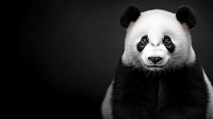 Obraz premium Giant panda close-up with soft fur textures, deep black-and-white contrast, serene expression.