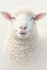 Fototapeta premium A sheep faces forward, its woolly head & pink nose are highlighted