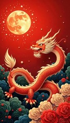 Obraz premium Crimson & gold clouds swirl, traditional Chinese painting style , vibrant, brushstrokes, asian