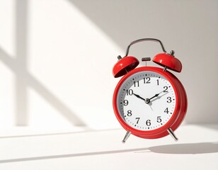 Red retro style alarm clock flying on cream white background
