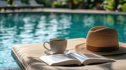 Obraz premium Morning coffee beside poolside lounger with hat and open e-reader