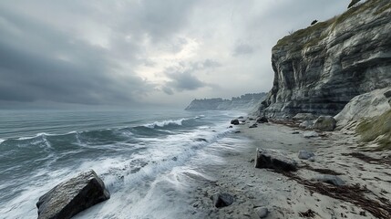 Obraz premium Rocky coastline crashing waves natural overcast lighting rich detailed textures photoreal style open perspective clean beach composition