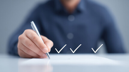 Person holding silver pen and writing on white paper with three check marks floating above, symbolizing completion and productivity in professional setting