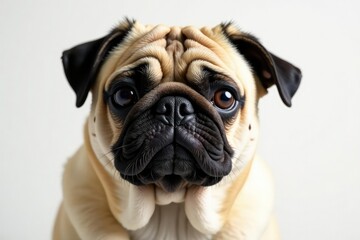 Obraz premium Wrinkled pug looking at camera, pure white backdrop, puppy, animal
