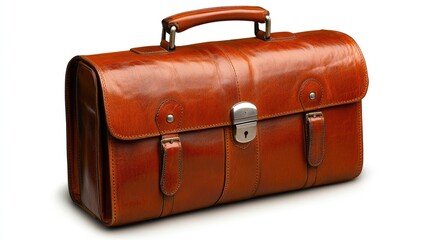 High-resolution image of a classic brown leather briefcase, isolated with perfect shadows on an ideally white background.