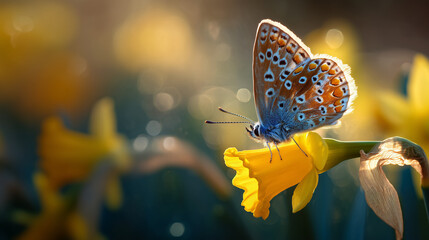 A delicate butterfly poised atop a vibrant yellow daffodil, captured in a dreamy, soft-focus close-up, epitomizes the delicate beauty of spring.