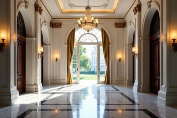 Obraz premium Grand entryway, high ceilings, marble flooring, crystal chandelier, chandelier, ornate