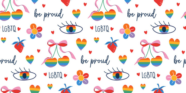 Pride celebration whimsical seamless pattern. LGBTQ community symbols with cute rainbow colors elements. Pride month background with slogans and phrases. Hand drawn flat design vector illustration.