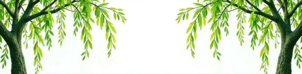 Fototapeta premium Intertwined willow boughs create elegant frame, bright green, clean white background, spring, peaceful, isolated