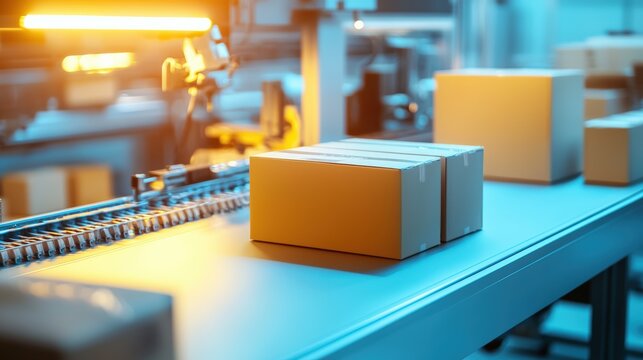 Modern automated packaging conveyor system with moving boxes and industrial machinery in a high-tech warehouse environment for efficient logistics processing