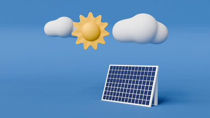 3D scene with solar panel and sun and clouds on blue background, energy