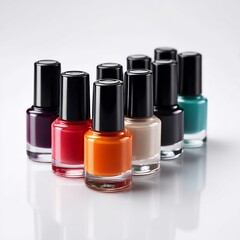 A Vibrant Spectrum of Nail Polish Bottles Displayed on Glossy White Surface