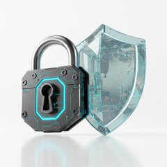 A digital padlock with blue accents standing next to a transparent shield on a white background
