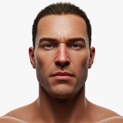 Obraz premium Close up portrait of a man with blue eyes and dark hair against a white background looking at the camera