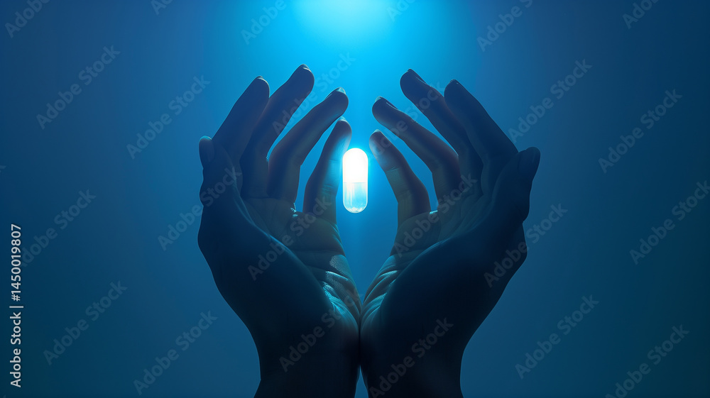 Poster this hands hold a glowing capsule representing innovative biopharma solutions for longevity.