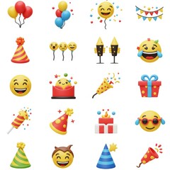 A collection of party themed emojis and decorations arranged on a white isolated background