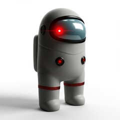 A white among us character with red eyes standing on a white surface in a studio setting view