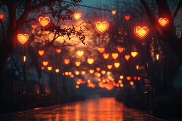 Fototapeta premium Romantic heart lights illuminate a pathway at dusk