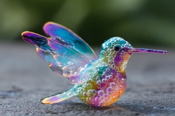 Obraz premium A vibrant hummingbird figurine, crafted from iridescent glass, showcases bubbles within its body.