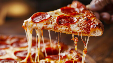 A Mouthwatering Slice of Heaven: Golden, Gooey Cheese Pulling Away from a Hot and Delicious Pizza, Ready to Be Enjoyed.